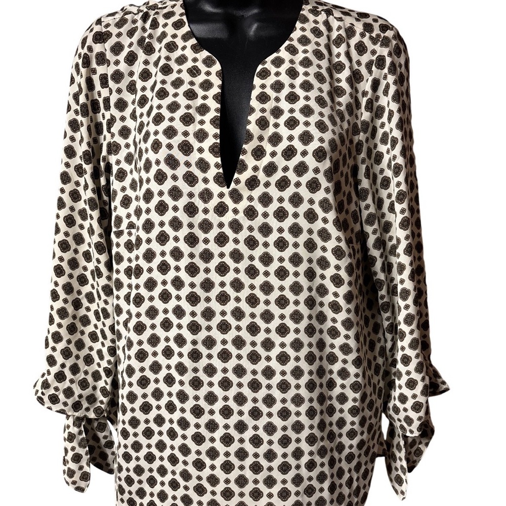 Michael Kors Cream and Black Geometric Split-Neck Blouse